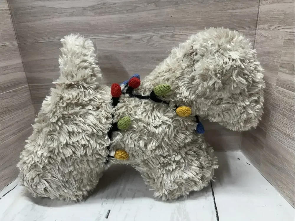 Pottery Barn Cozy Faux Fur Tangled Dog In Christmas Lights Pillow 17